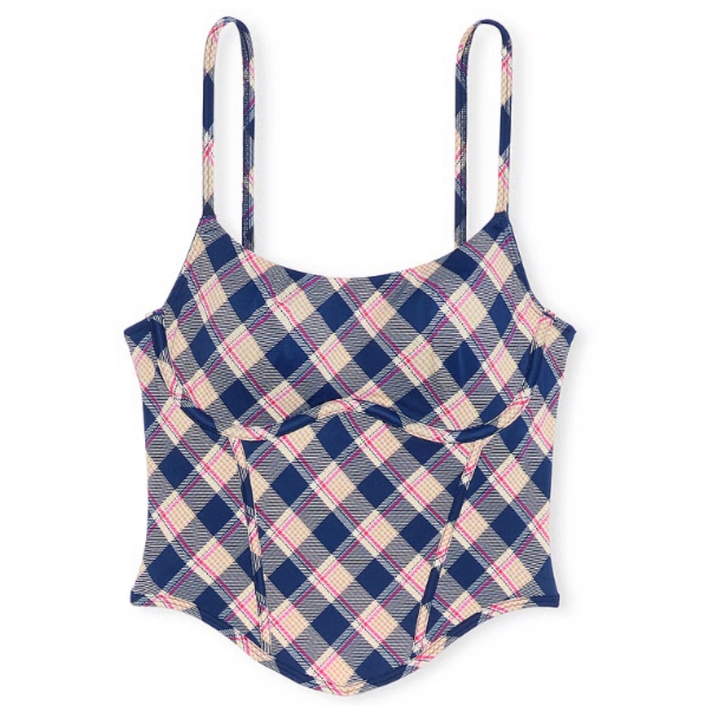 VS Pink Navy Plaid Print The Cinched Micro Corset Top Size S NWT